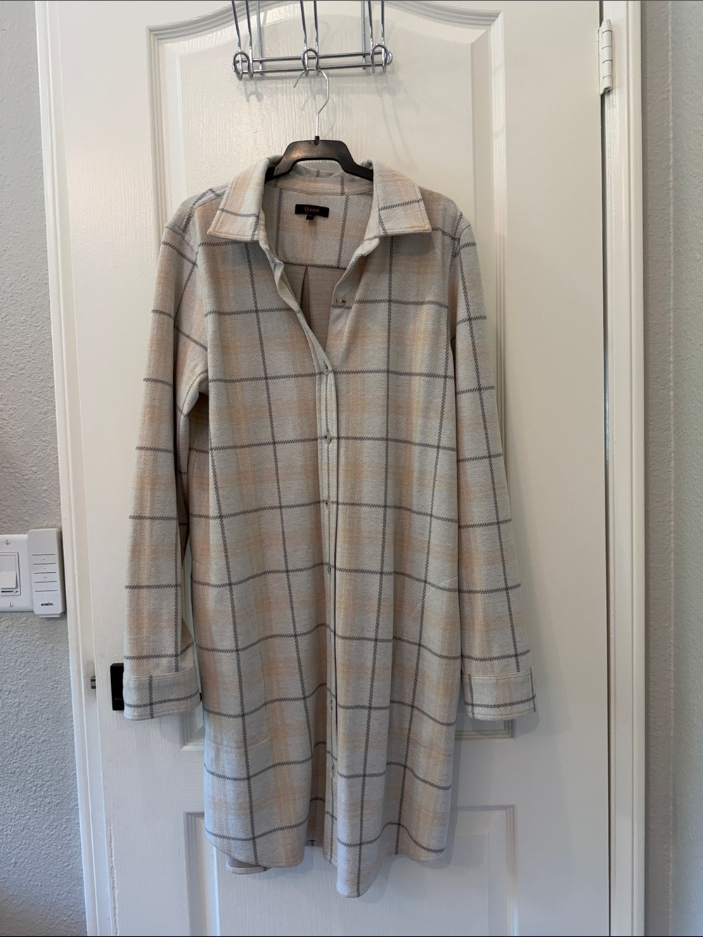 Quince Checked Button-Front Shirt Dress Cream and Tan
